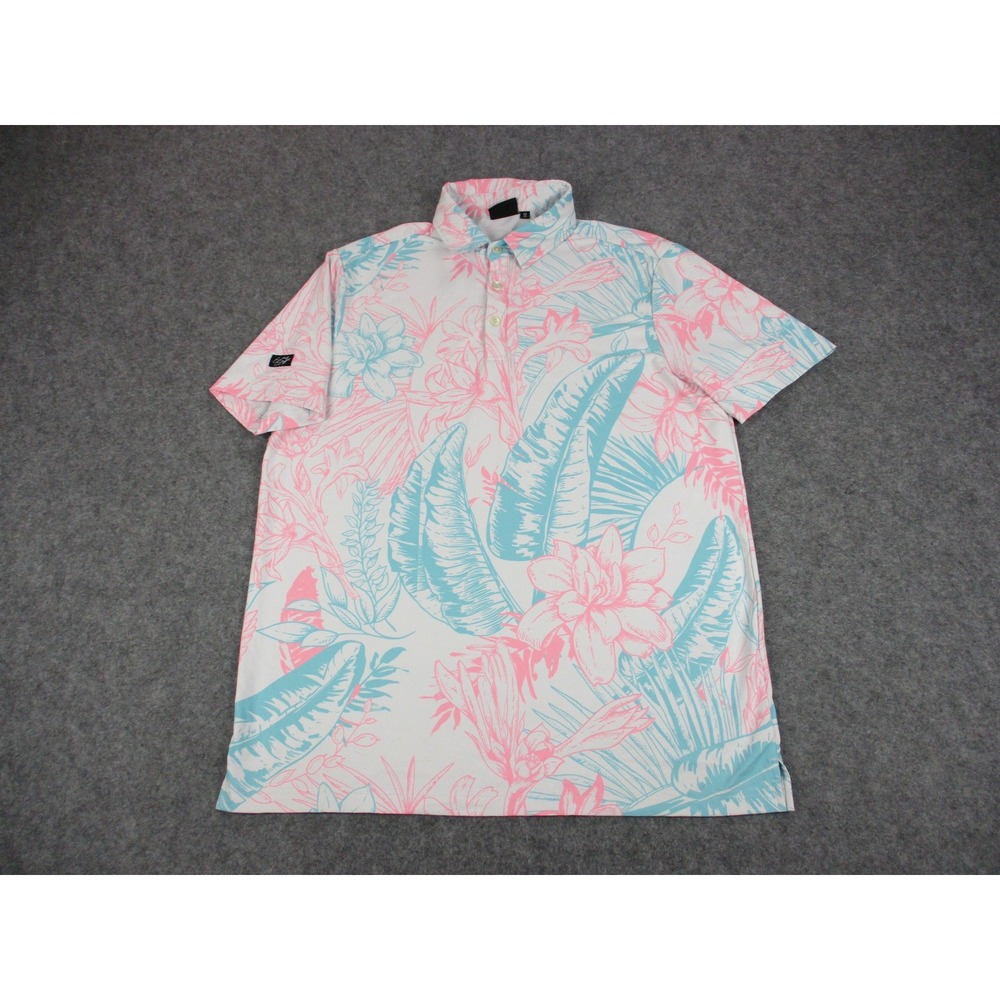 Sunday Swagger Polo Shirt Mens Medium Pink Blue Floral Golf Performance Stretch
